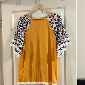 NWOT! Leopard Print Sleeve Yellow Top